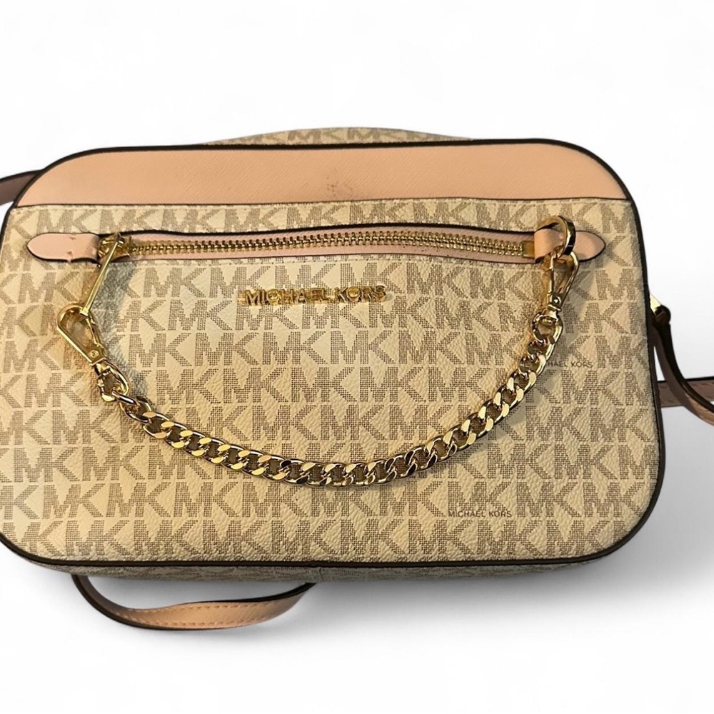 Michael Kors Jet Set Large Crossbody Bag MK Logo Vanilla Pink Chain